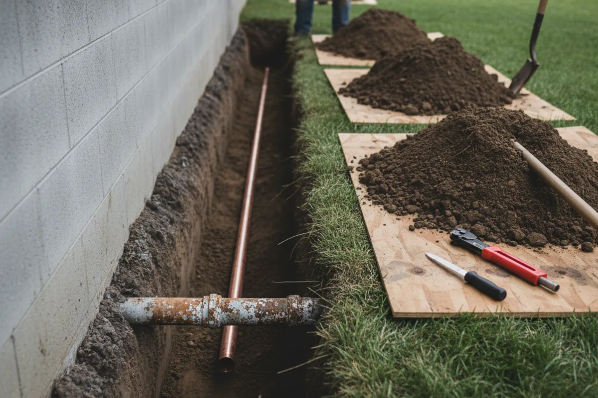Excavated water line trench during Water Softener Installation in Tallula
